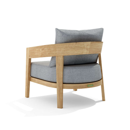 Chair with wooden frame and gray cushions on a white background