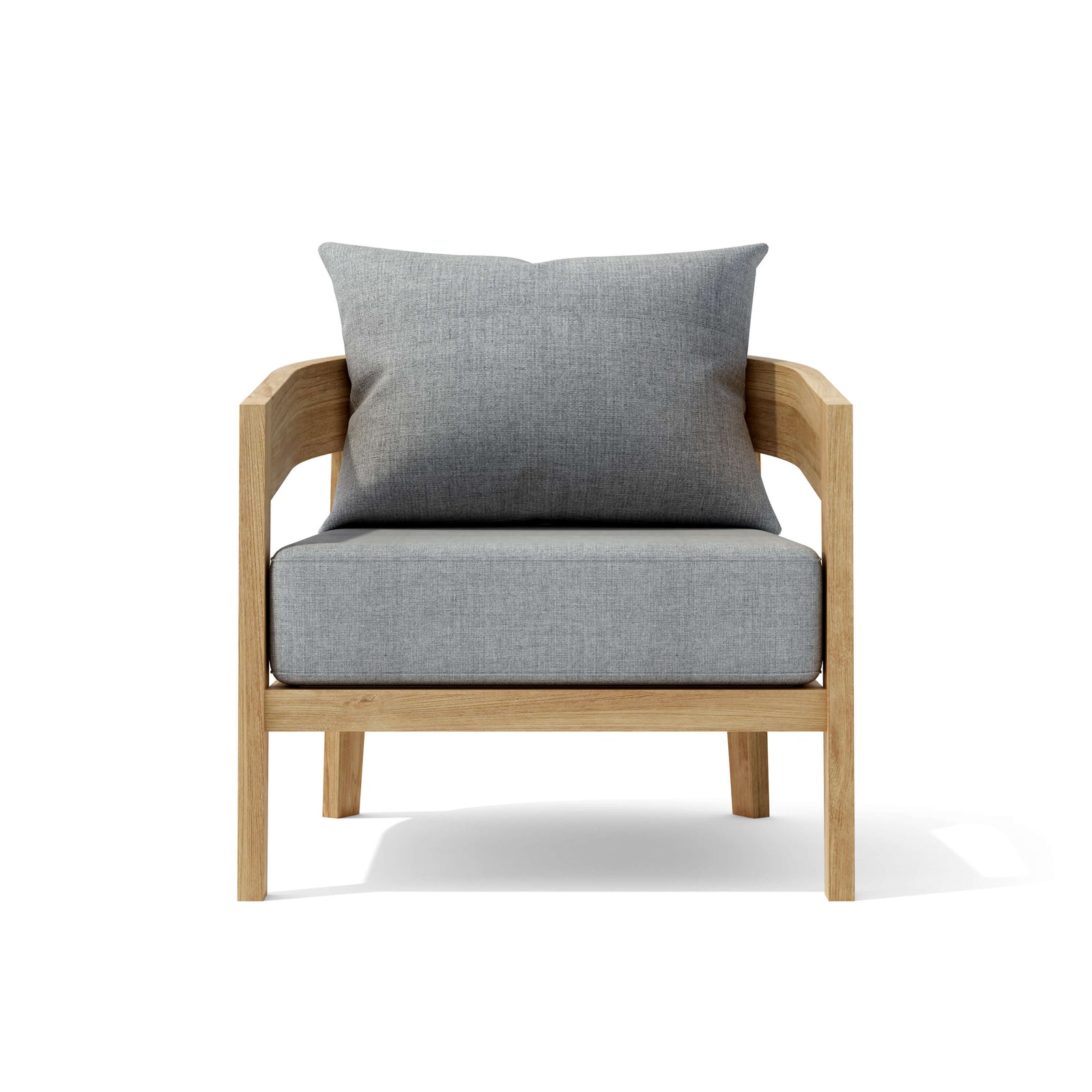 Chair with gray cushion and wooden frame on a white background