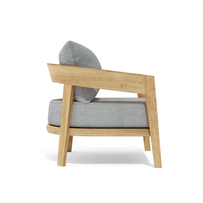 Wooden armchair with gray cushions on a white background