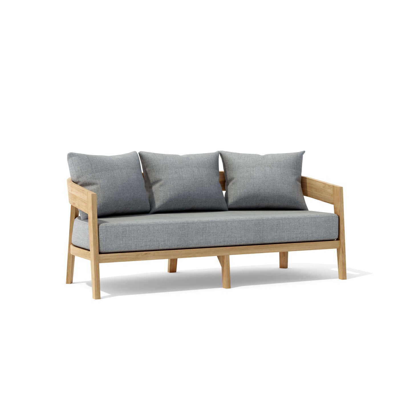 Sofa with wooden frame and gray cushions on a white background