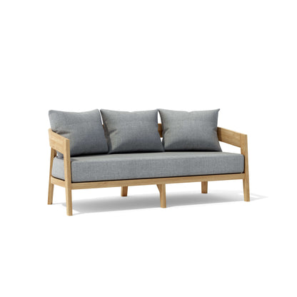 Sofa with wooden frame and gray cushions on a white background
