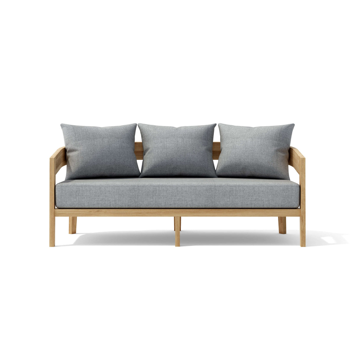 Sofa with wooden frame and gray cushions on a white background
