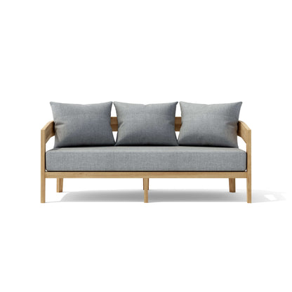 Sofa with wooden frame and gray cushions on a white background