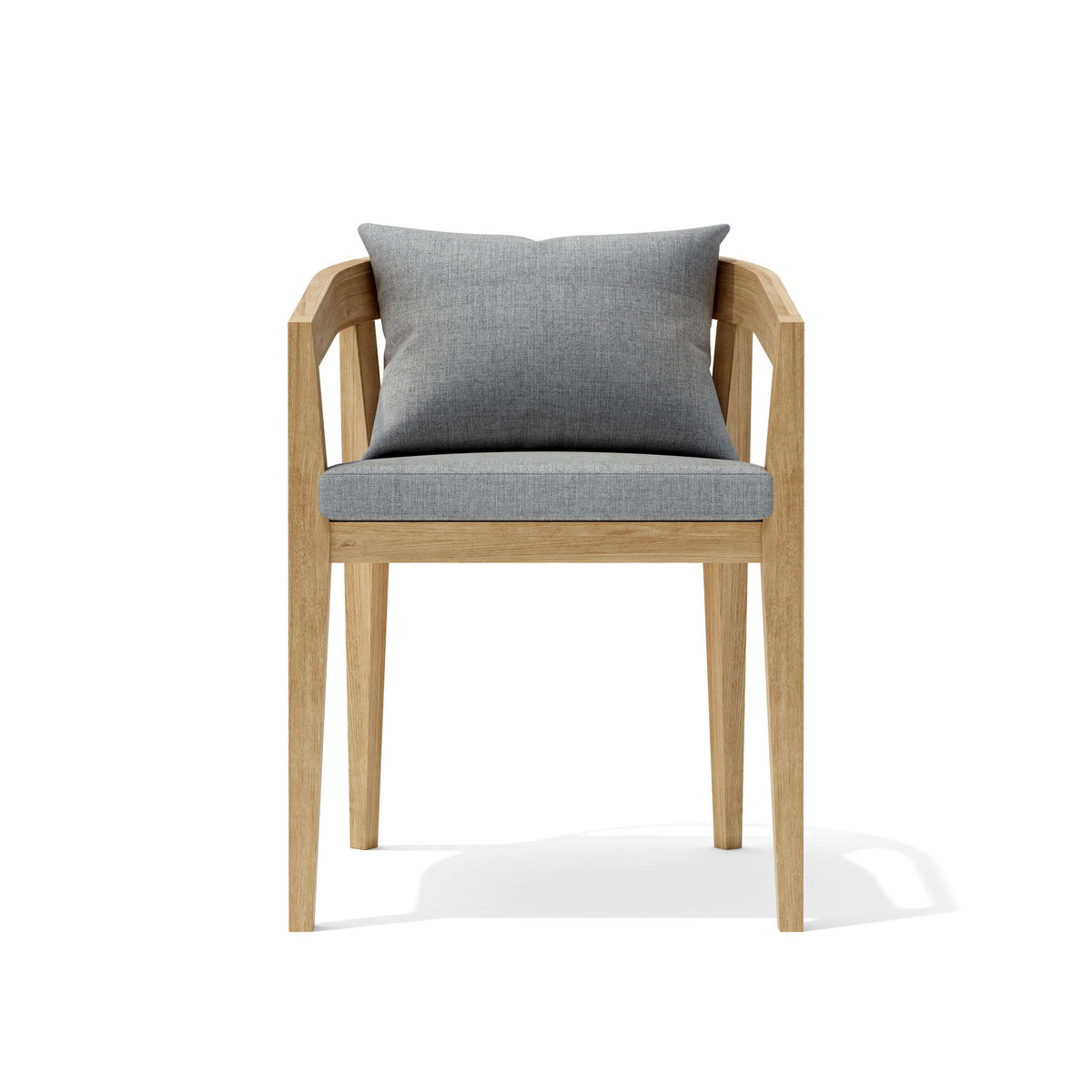 Chair with wooden frame and gray cushion on a white background