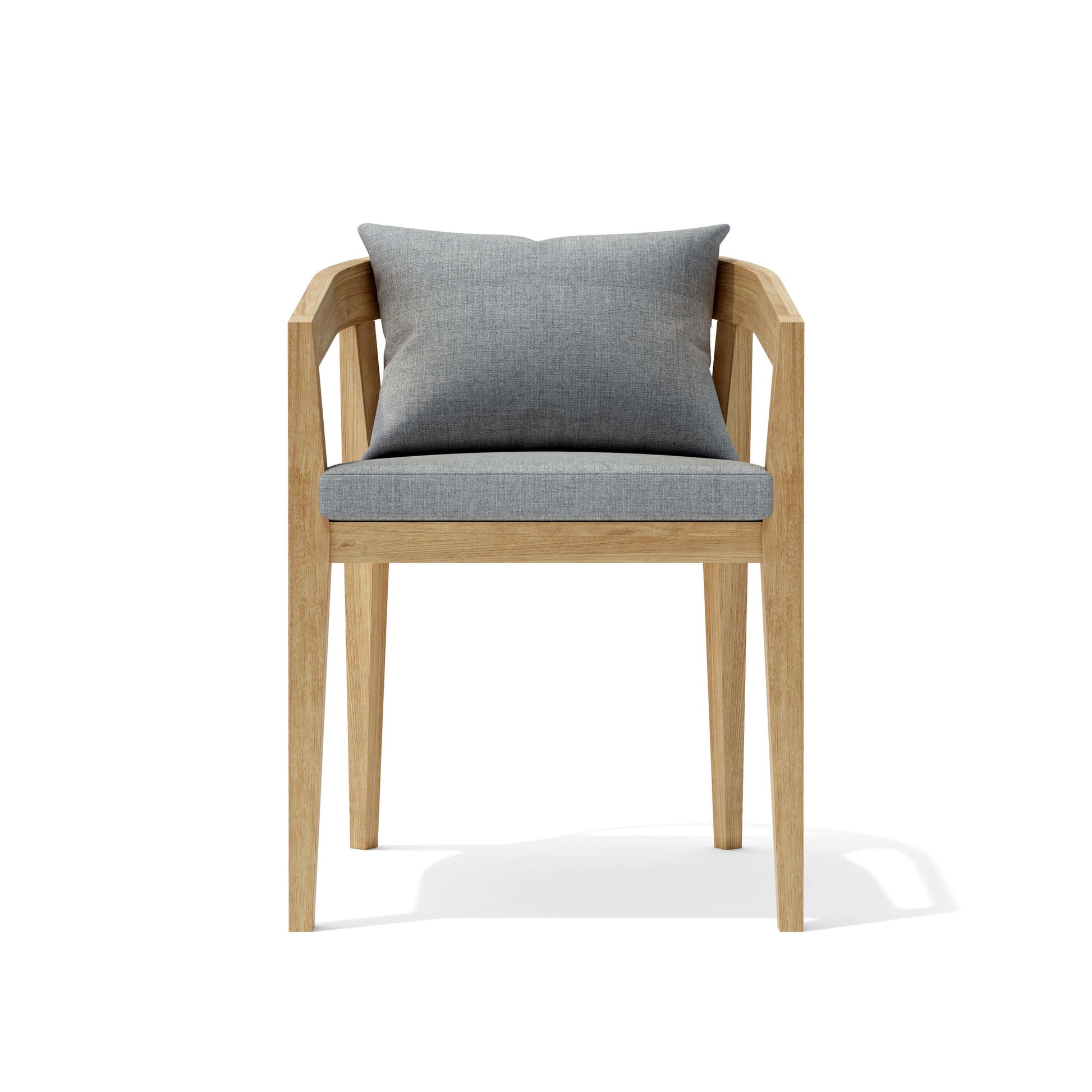 Chair with wooden frame and gray cushion on a white background