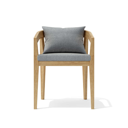 Chair with wooden frame and gray cushion on a white background