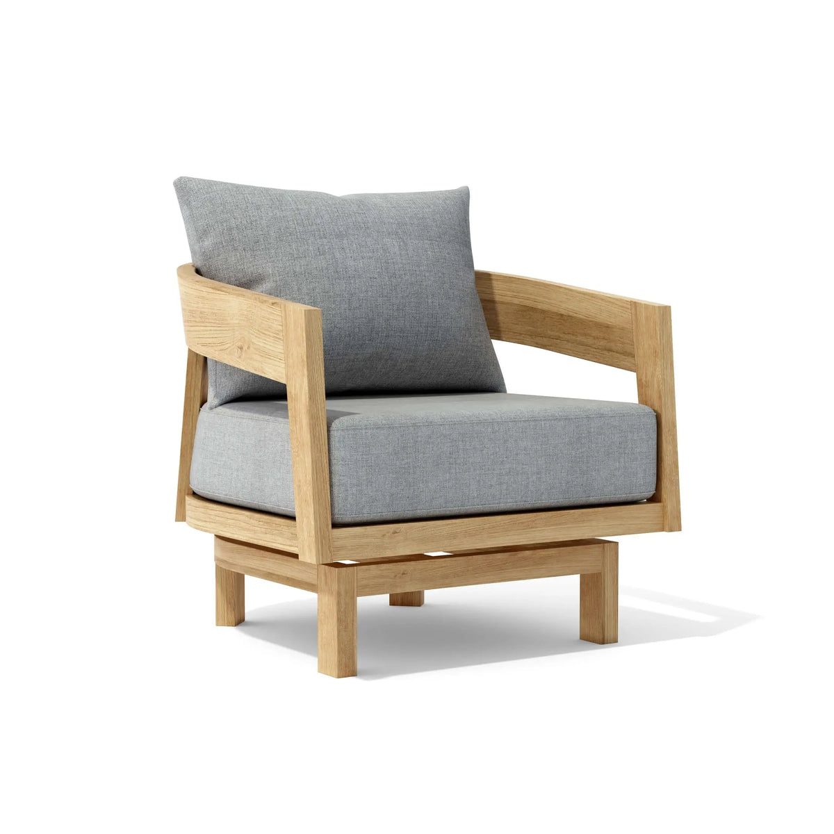 Wooden armchair with gray cushions on a white background