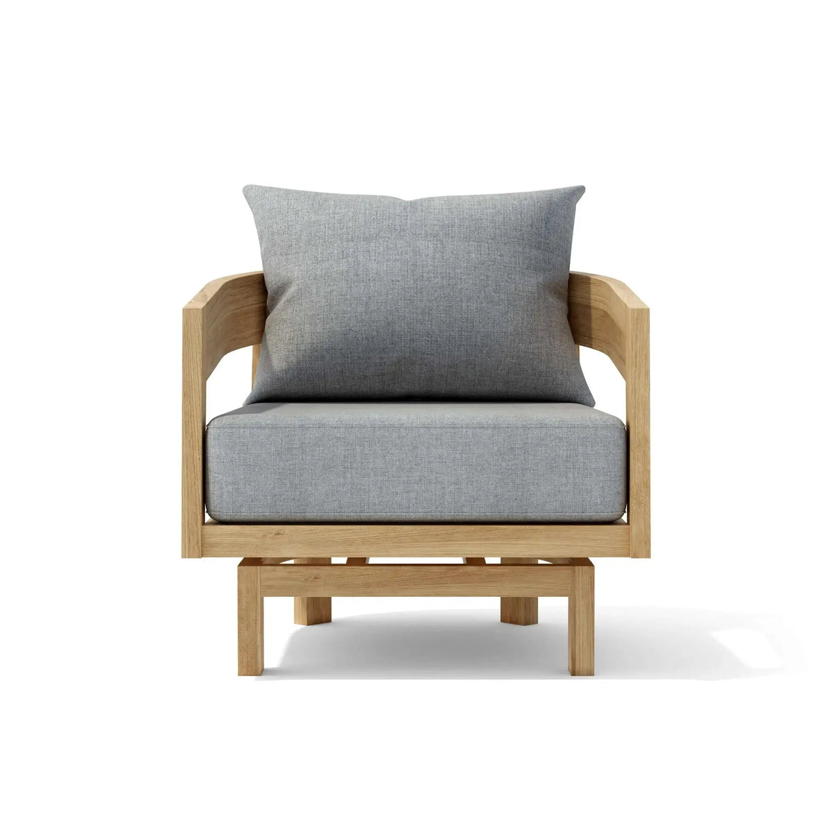 Chair with wooden frame and gray cushions on a white background