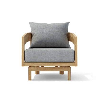Chair with wooden frame and gray cushions on a white background