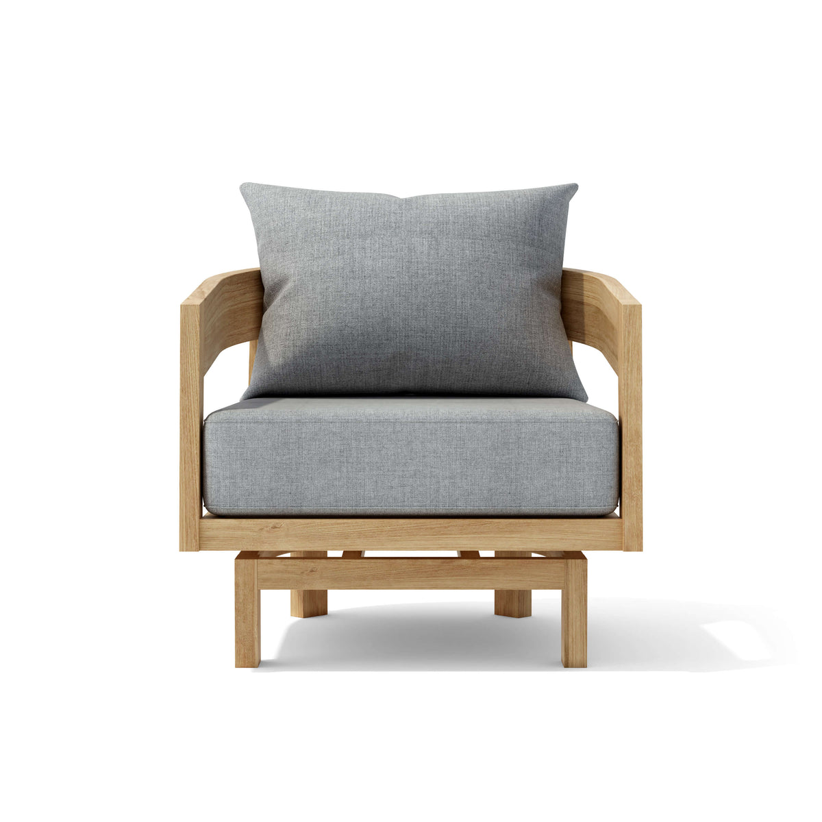 Chair with wooden frame and gray cushions on a white background