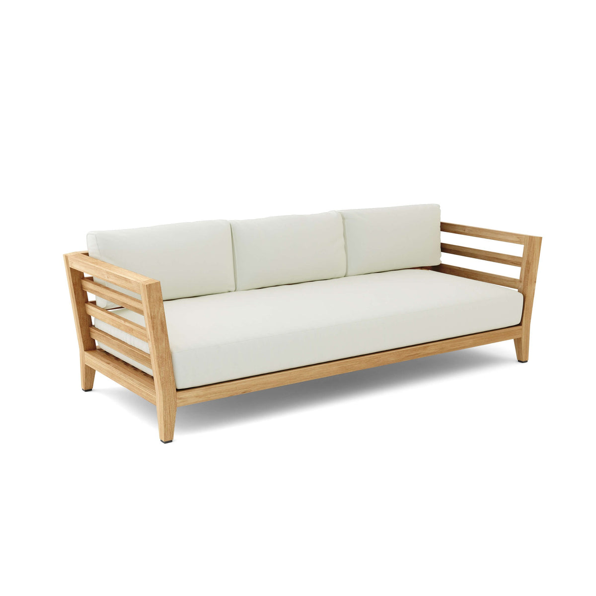 Wooden sofa with white cushions on a white background