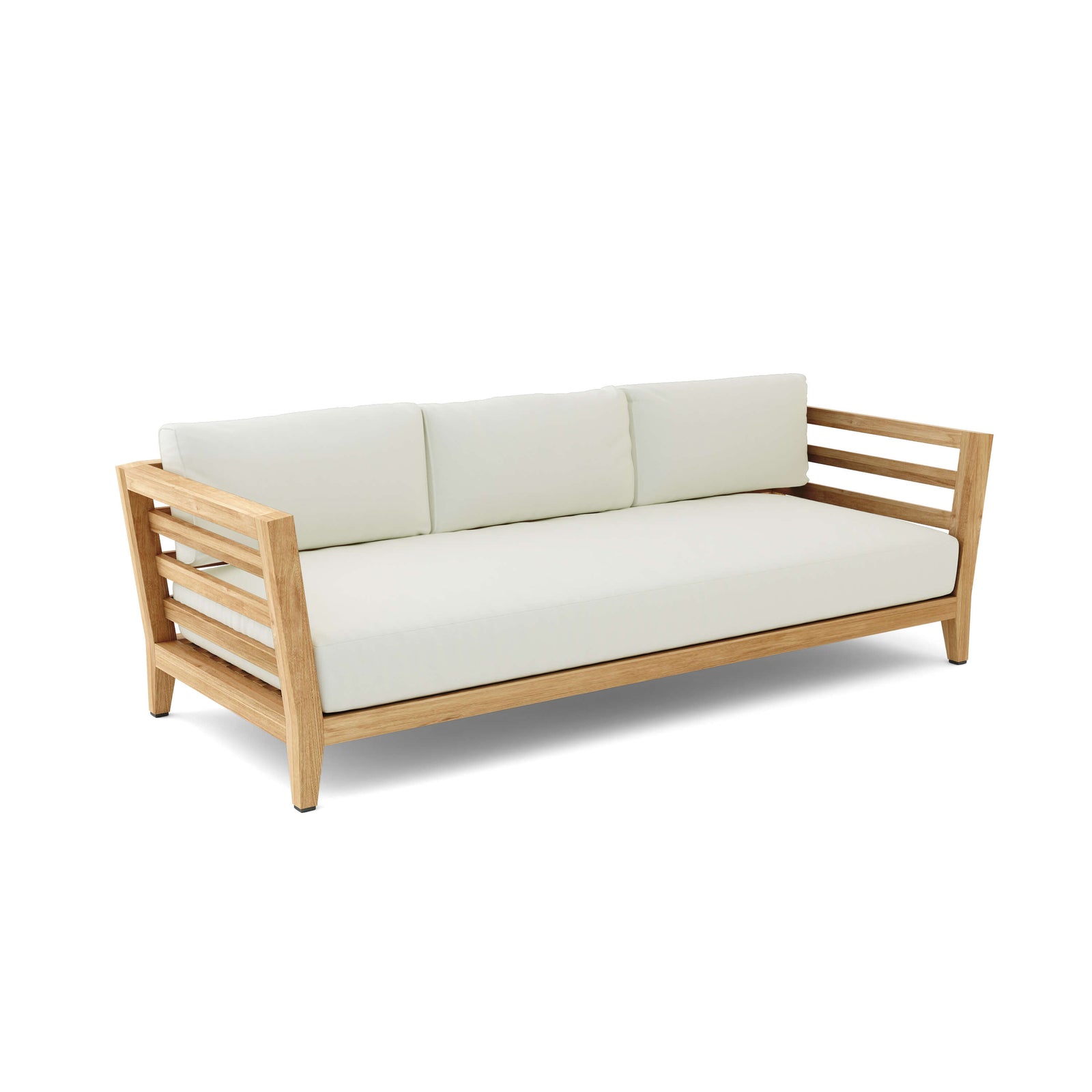 Wooden sofa with white cushions on a white background