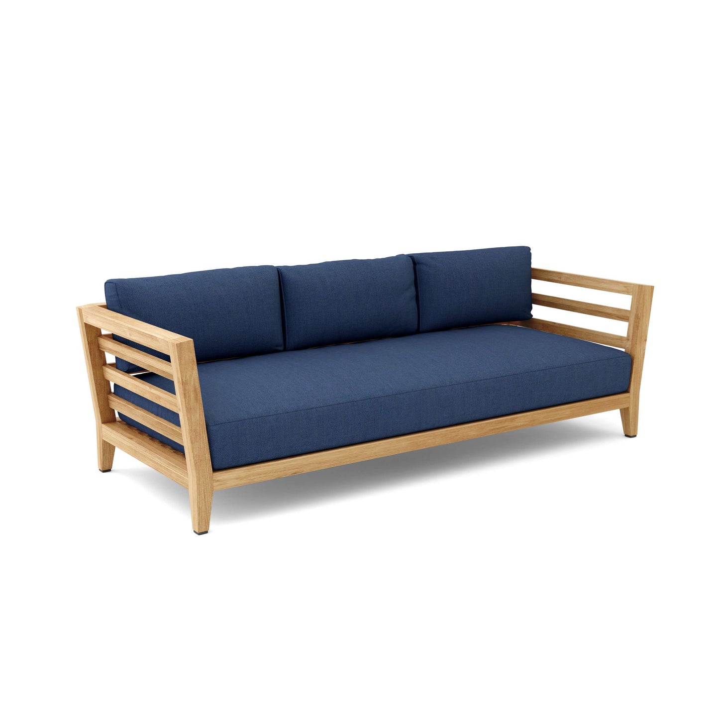 Wooden sofa with blue cushions on a white background