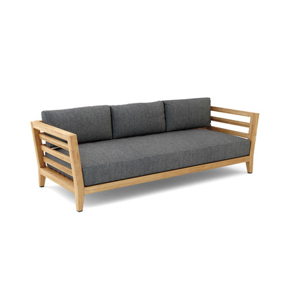 Gray cushioned sofa with wooden frame on a white background