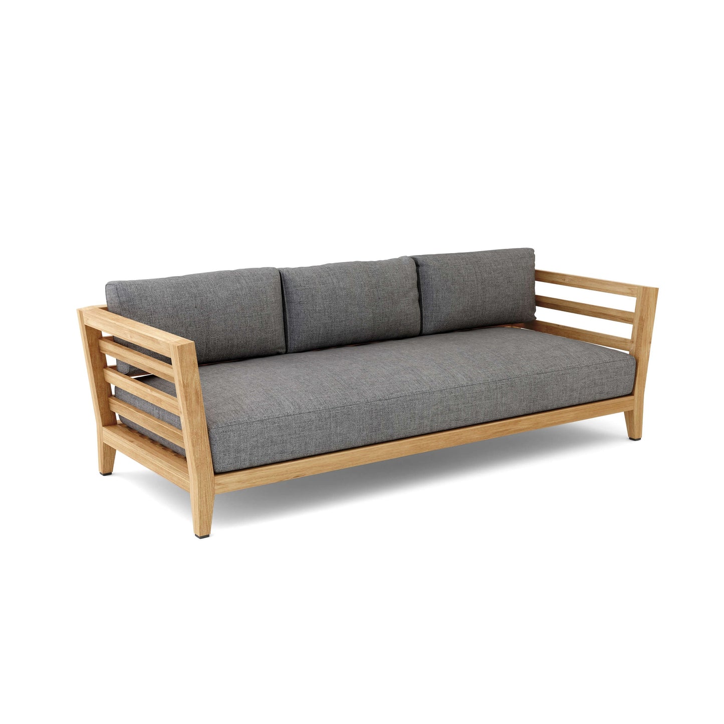 Gray cushioned sofa with wooden frame on a white background