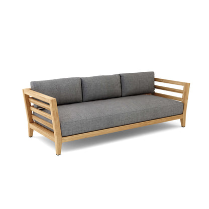 Gray cushioned sofa with wooden frame on a white background