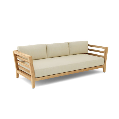Wooden sofa with beige cushions on a white background