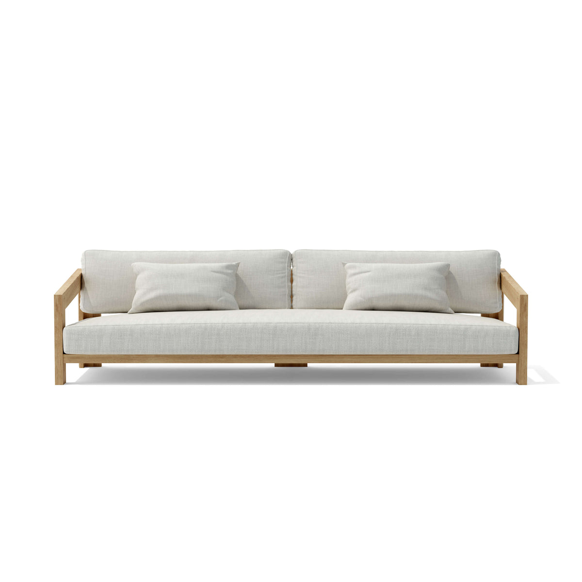 Sofa with light wooden frame and white cushions on a white background