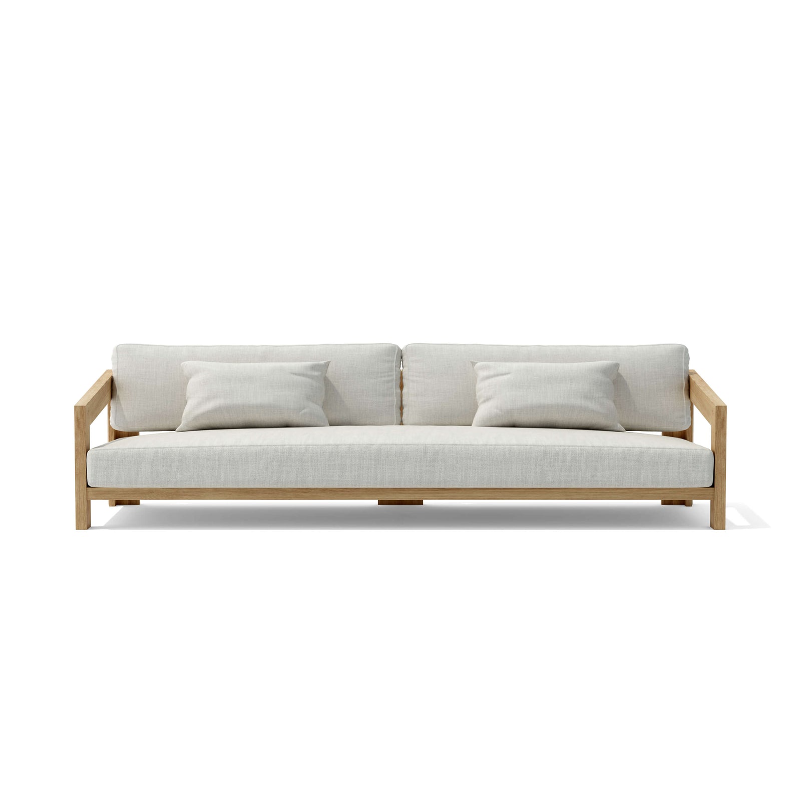 Sofa with light wooden frame and white cushions on a white background