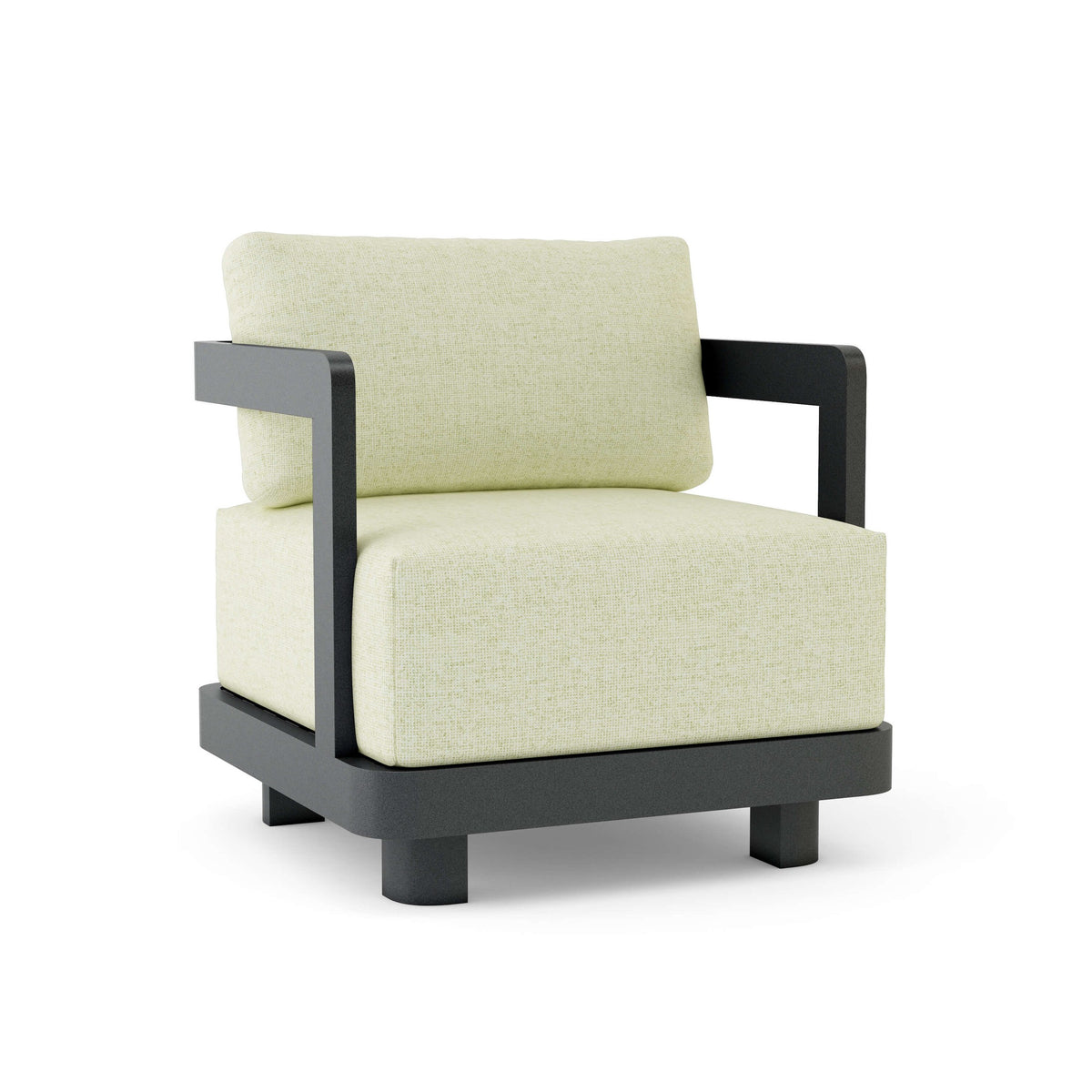 Modern armchair with light green cushion and black frame on a white background