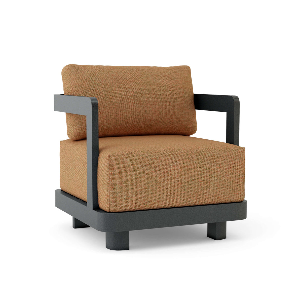 Chair with brown cushions and black frame on a white background
