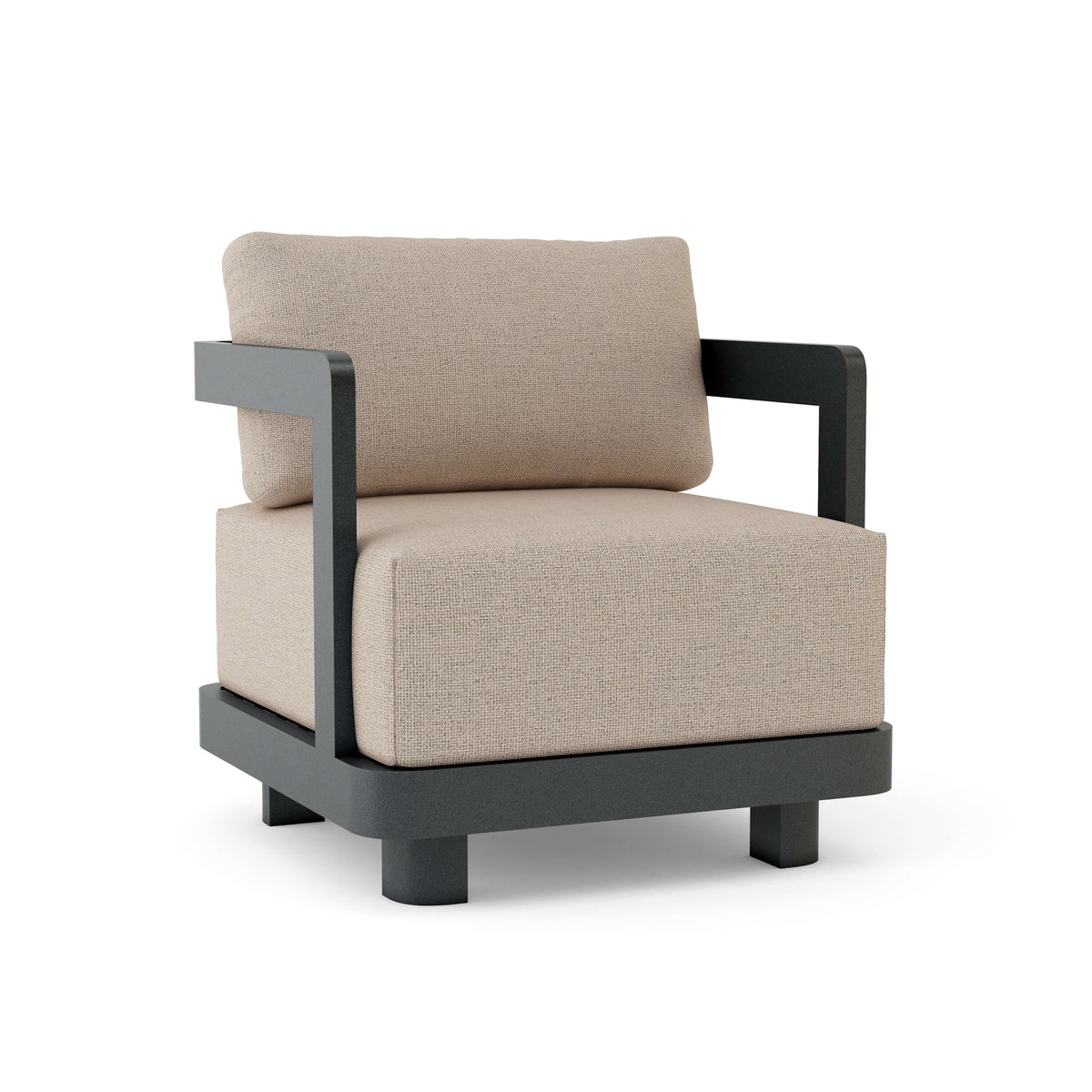 Beige armchair with black frame on a white background