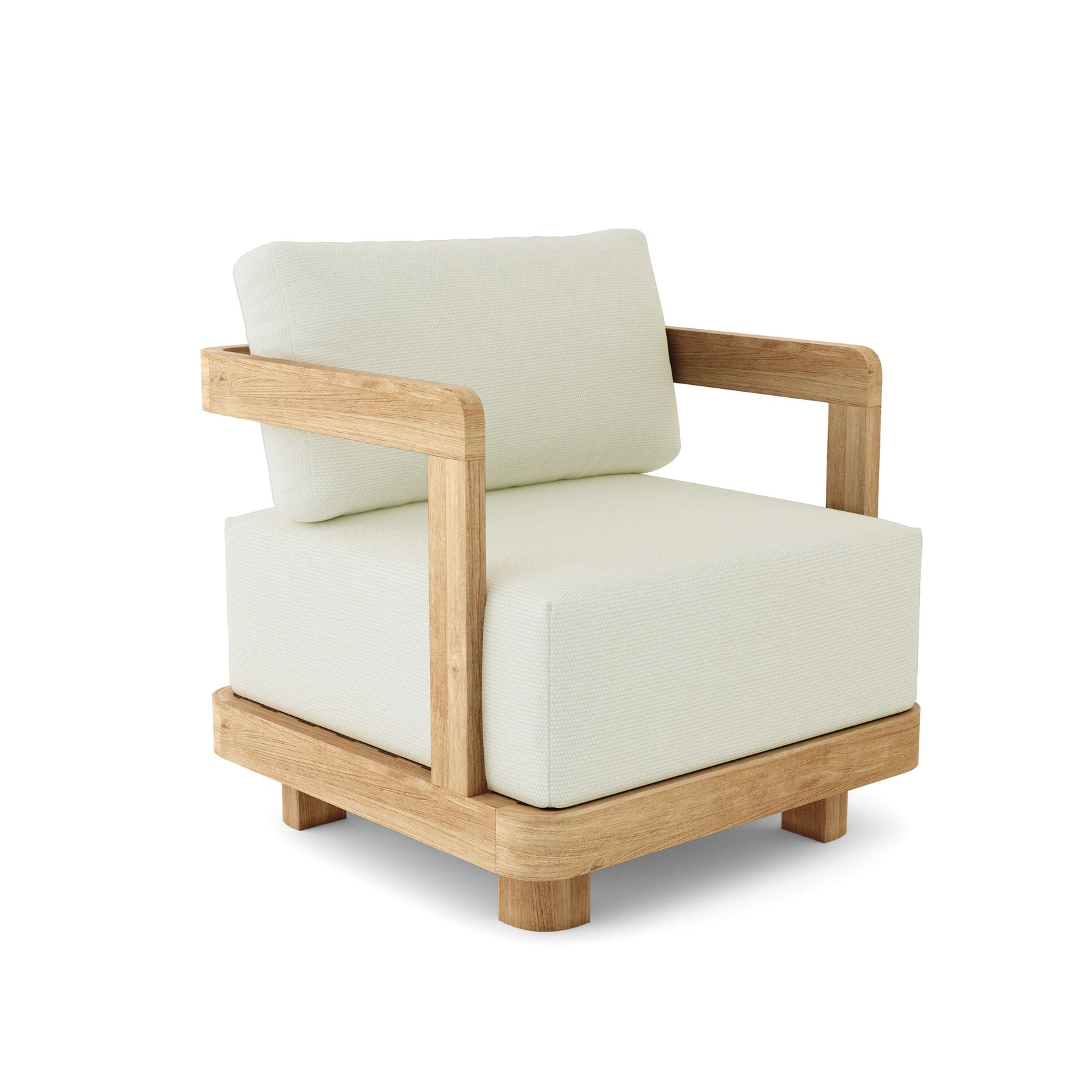 Wooden armchair with white cushions on a white background