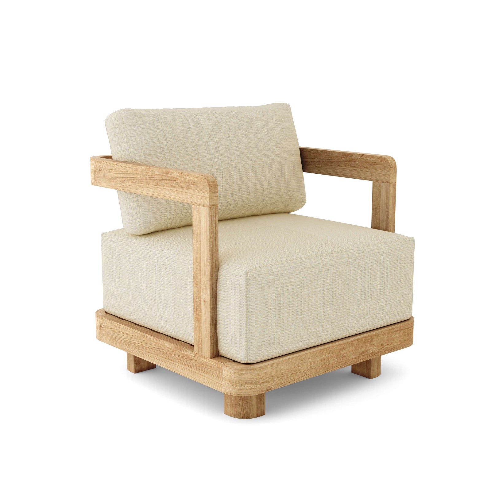 Wooden armchair with beige cushions on a white background