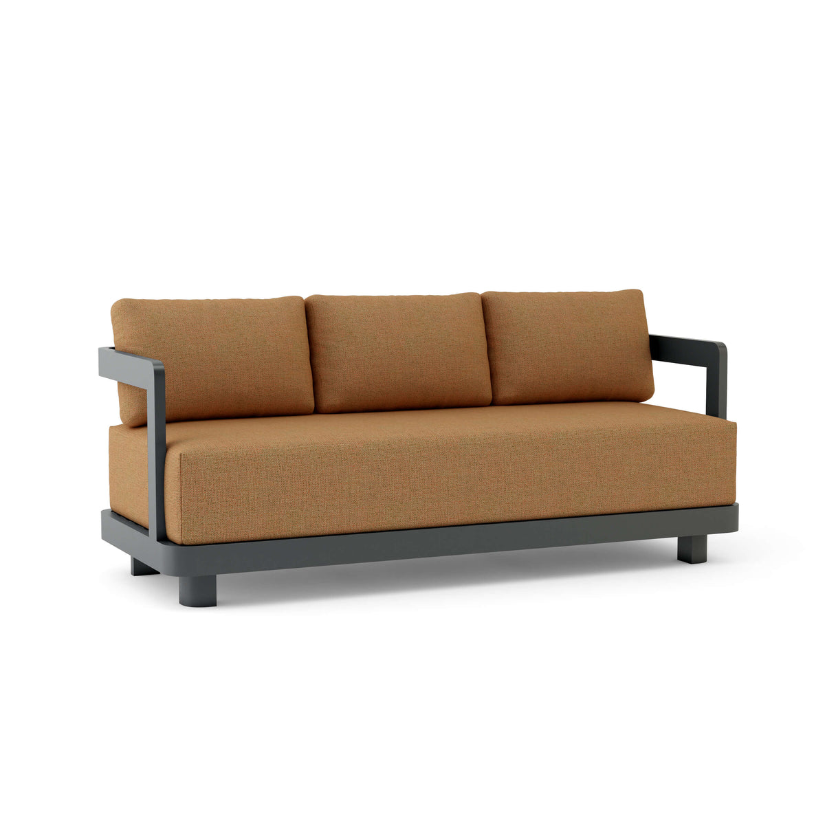 Brown sofa with black metal frame on a white background