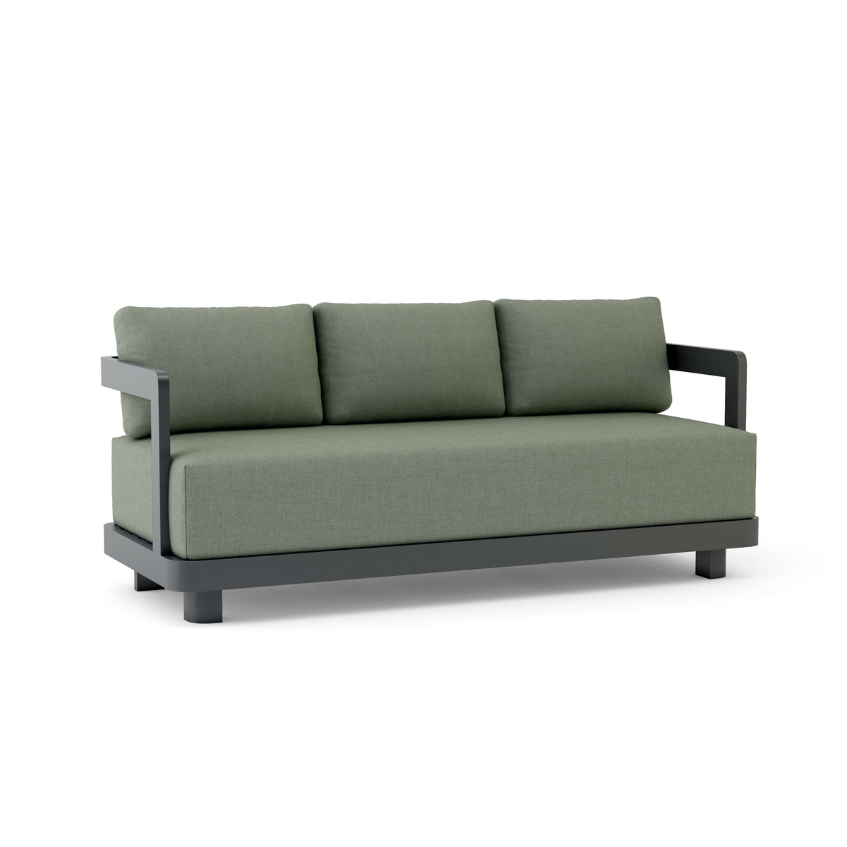 Green sofa with dark gray frame on a white background
