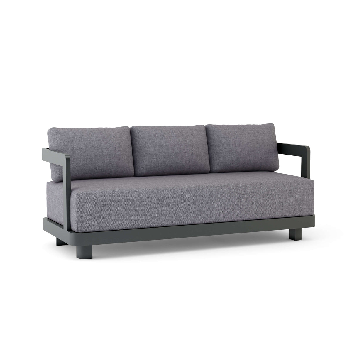 Gray sofa with black metal frame on a white background