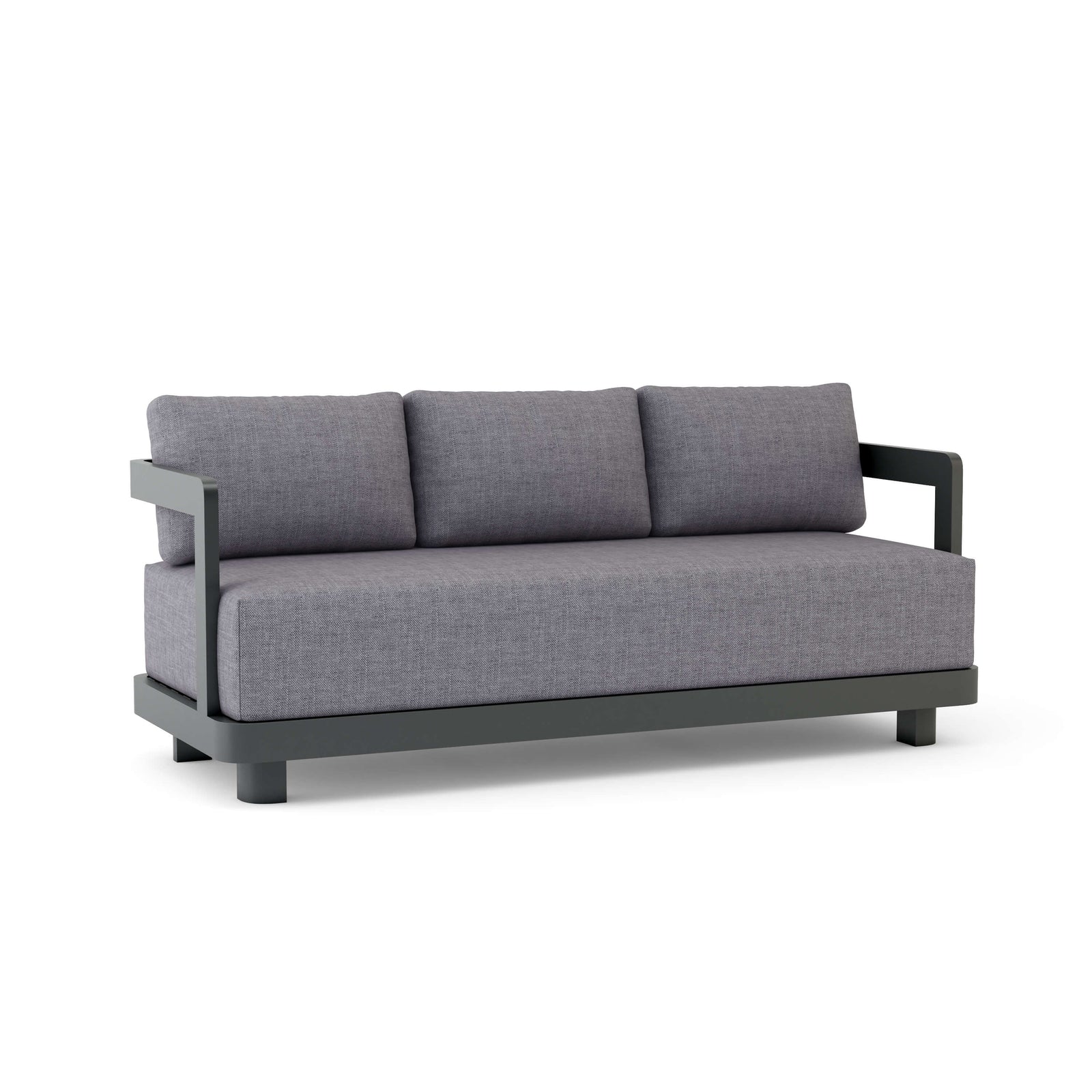 Gray sofa with black metal frame on a white background