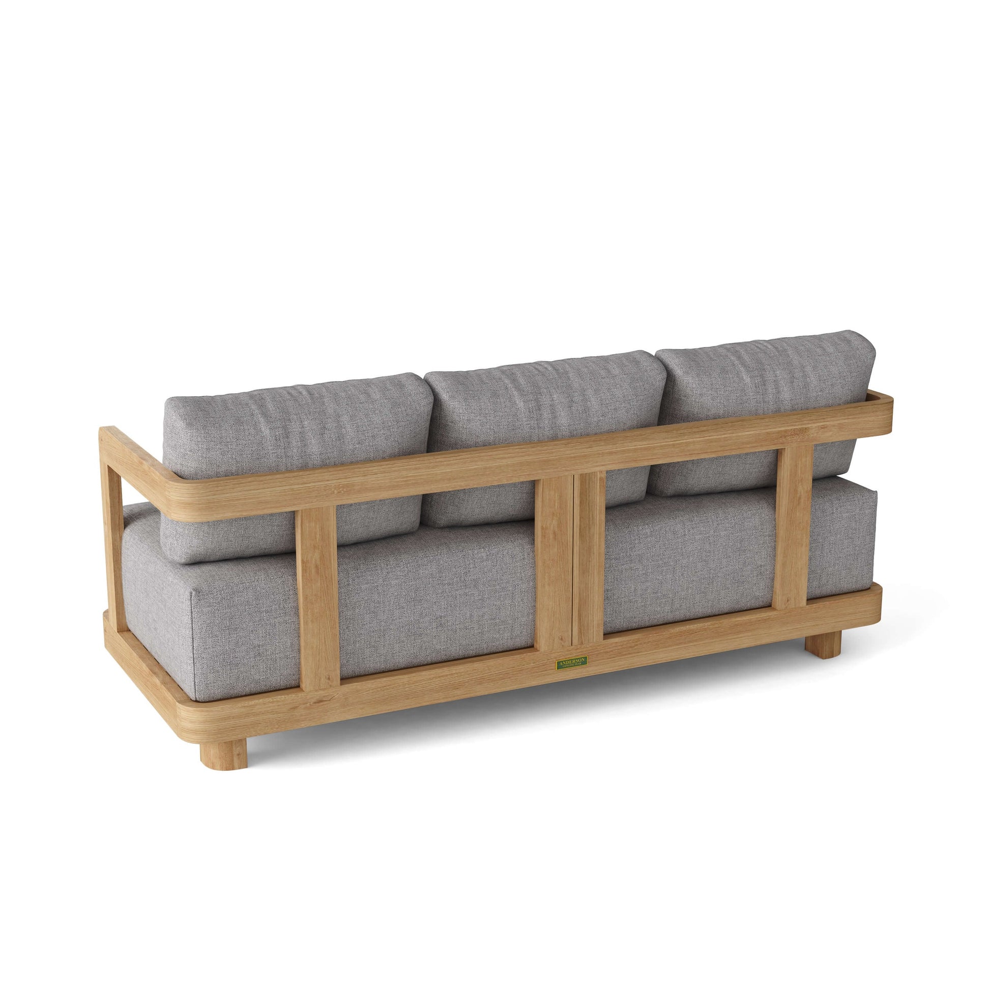 Gray cushioned sofa with wooden frame on a white background