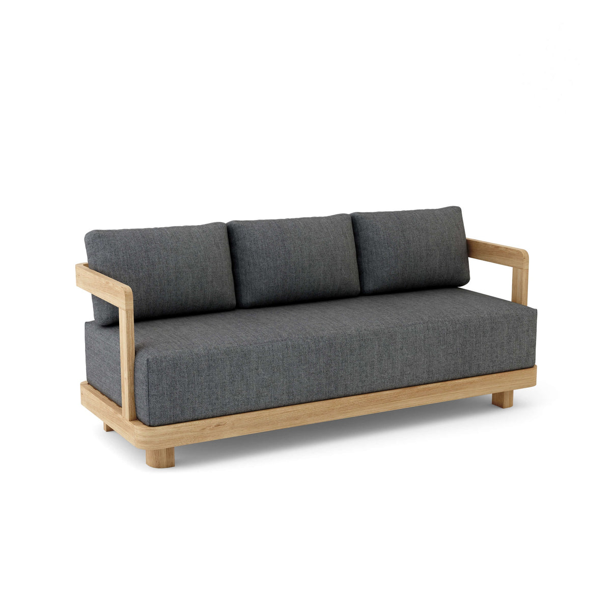 Gray sofa with wooden frame on a white background