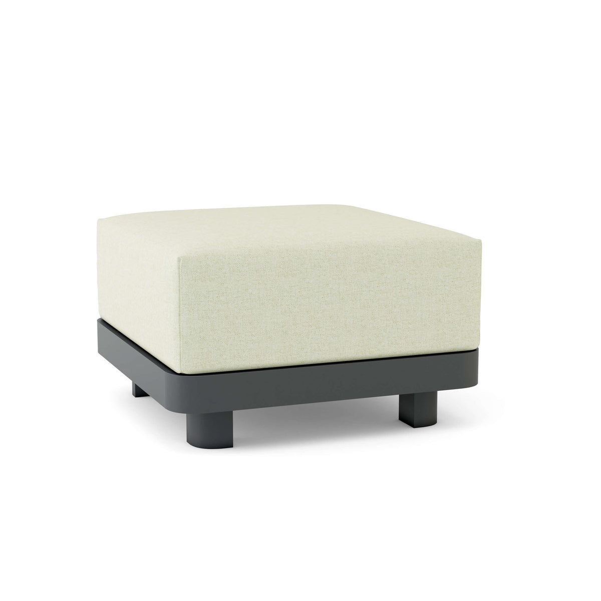 Square ottoman with white cushion and black base on a white background