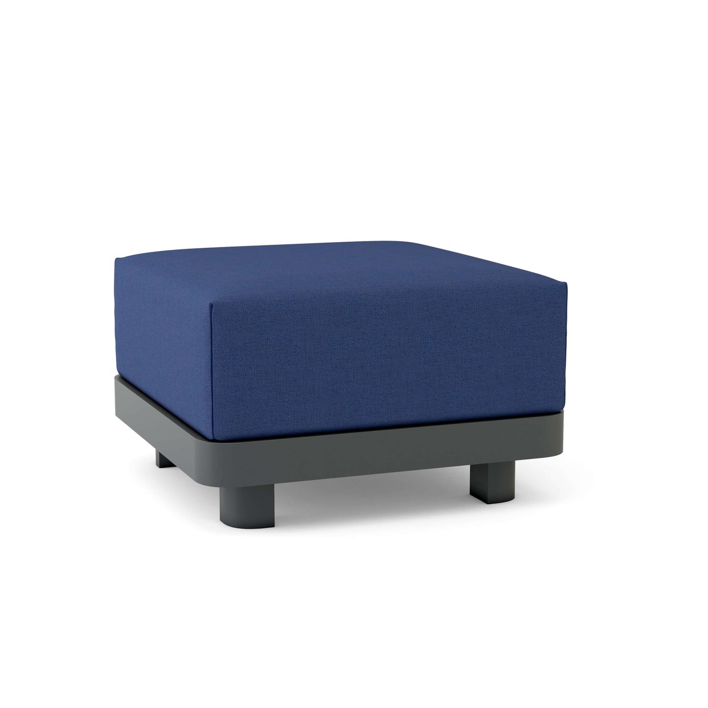 Blue ottoman with black legs on a white background