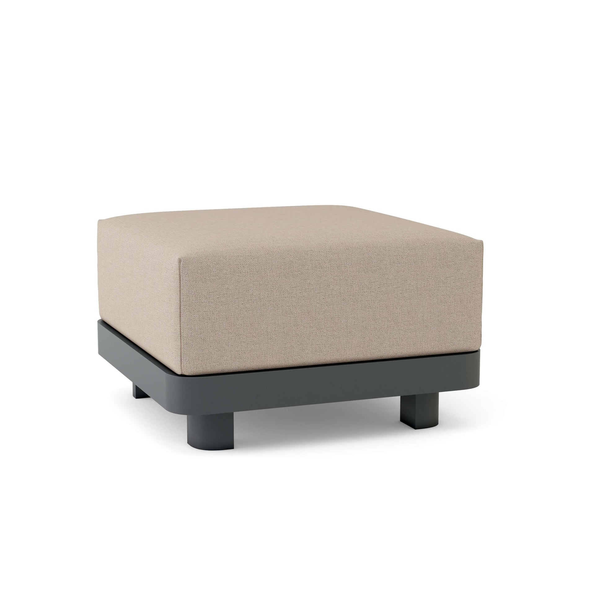 Square ottoman with beige cushion and black base on a white background