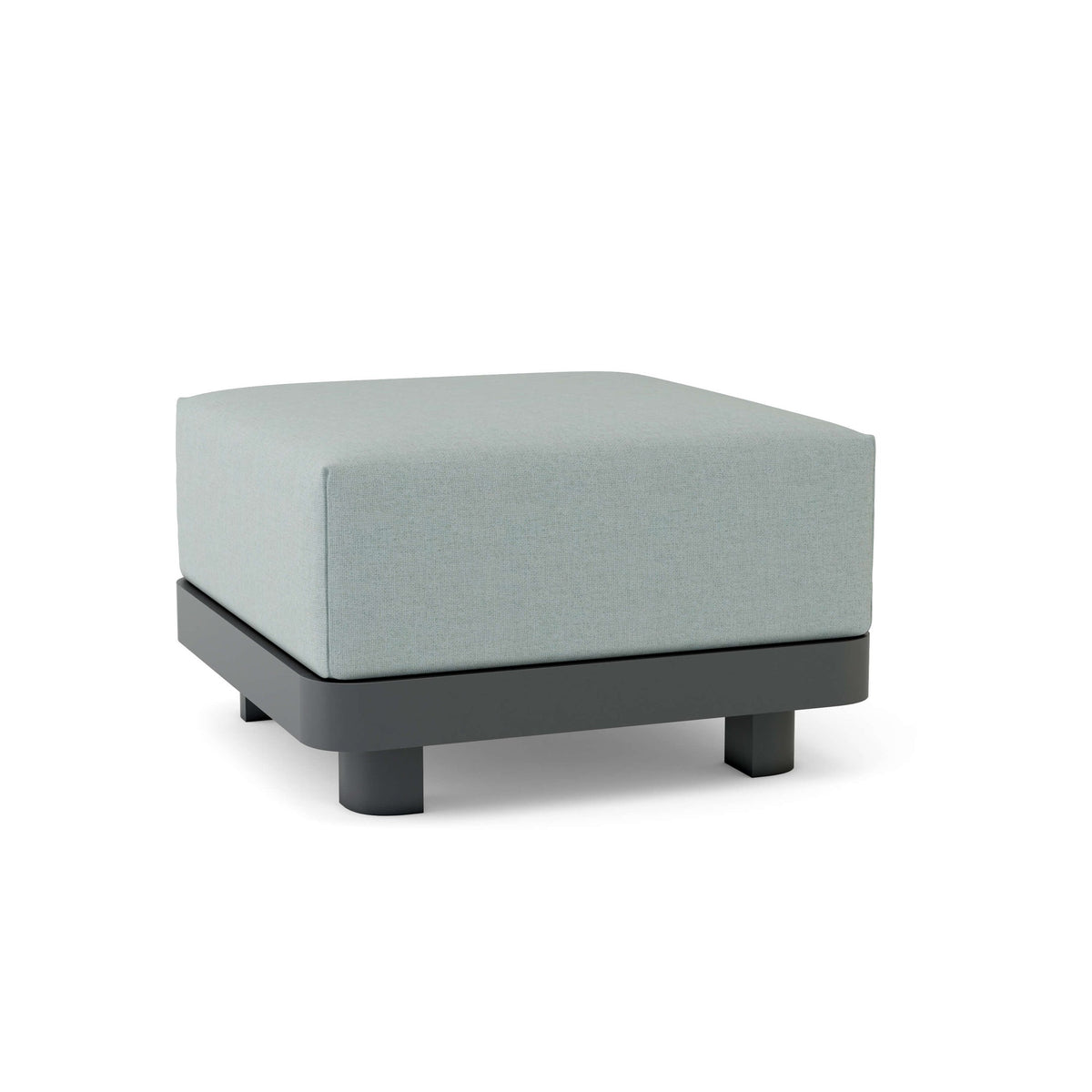 Square ottoman with light gray cushion and black base on a white background