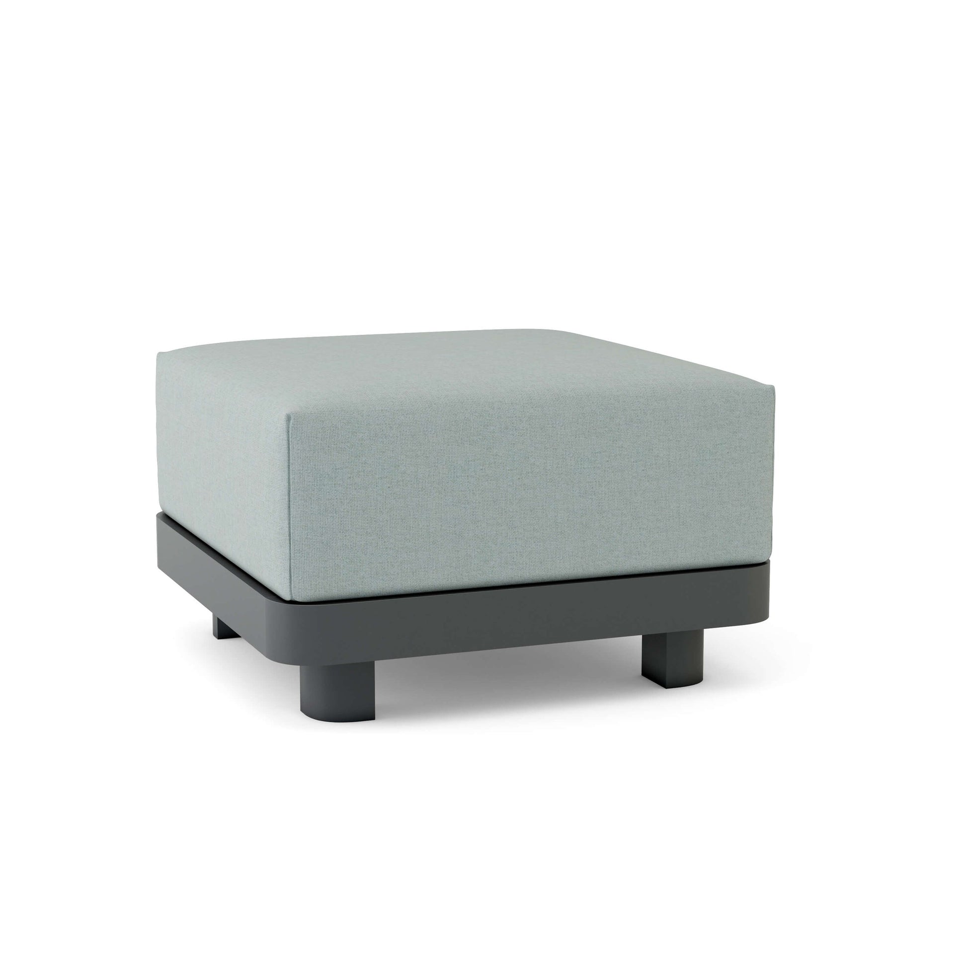 Square ottoman with light gray cushion and black base on a white background