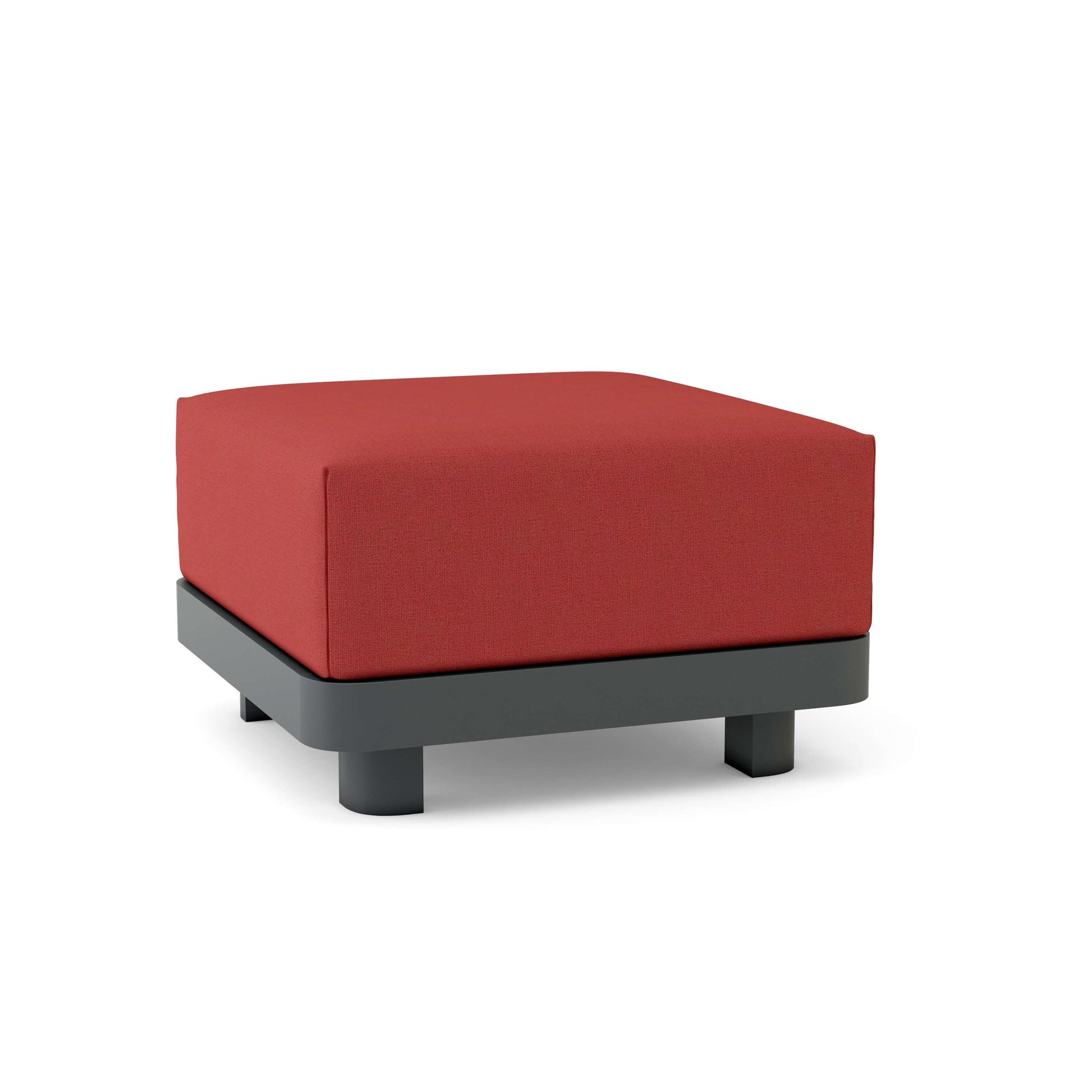 Red square ottoman with black legs on a white background