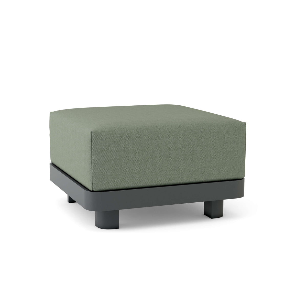 Green ottoman with black legs on a white background