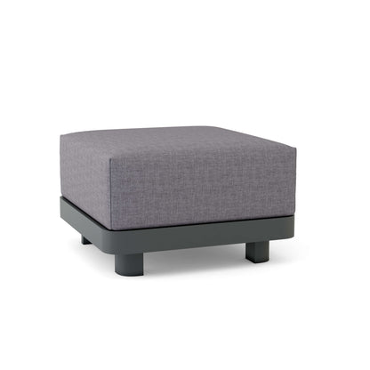Gray upholstered ottoman with a black base on a white background