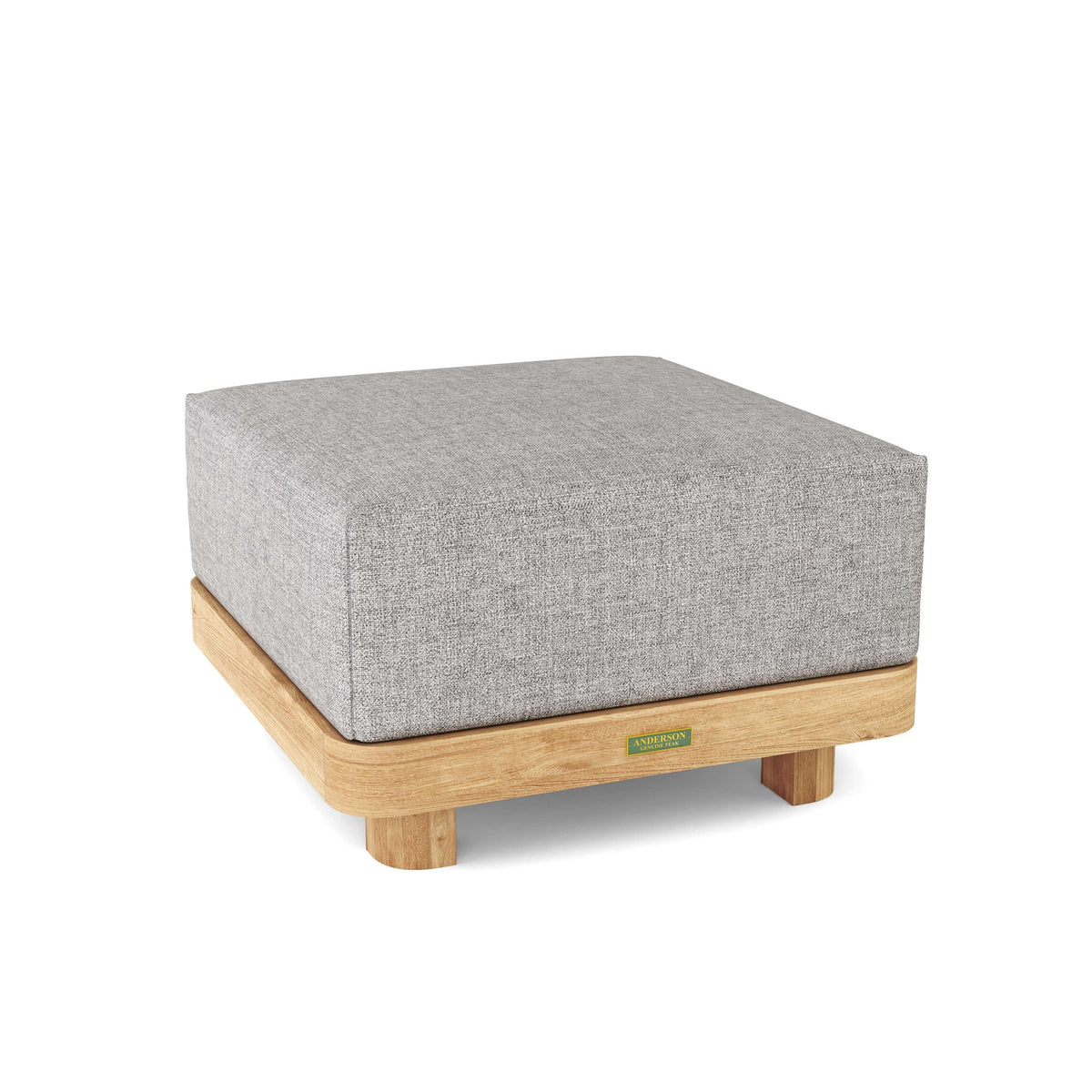 Gray upholstered ottoman with wooden legs on a white background