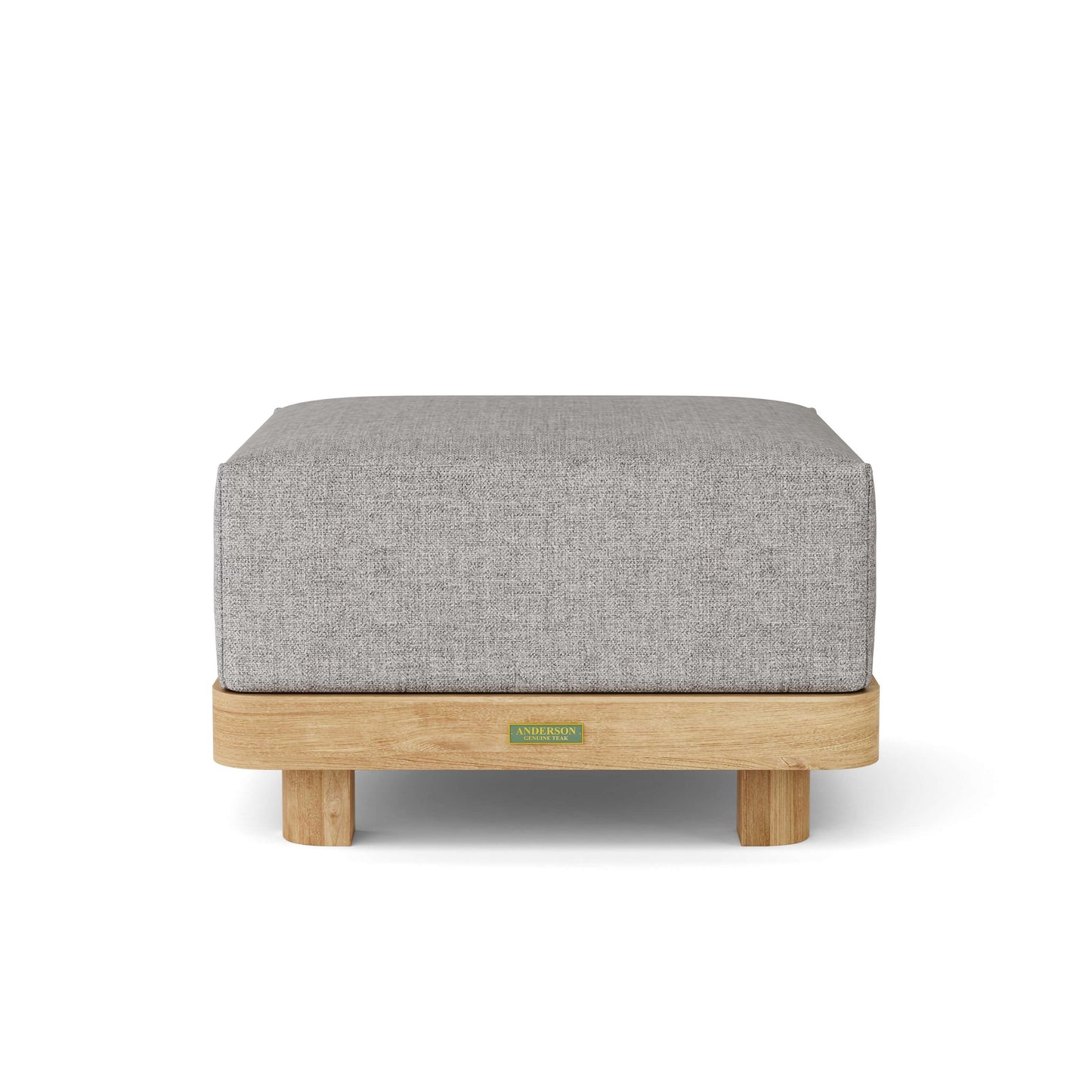Gray upholstered stool with wooden base on a white background