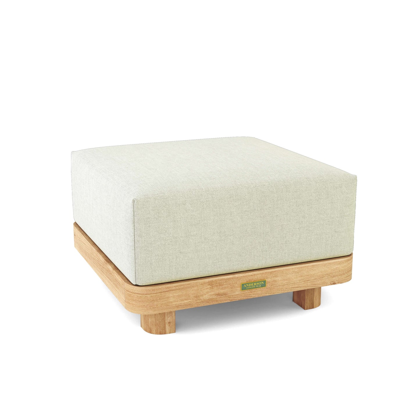 Square ottoman with white cushion and wooden base on a white background