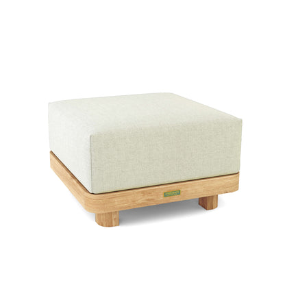 Square ottoman with white cushion and wooden base on a white background