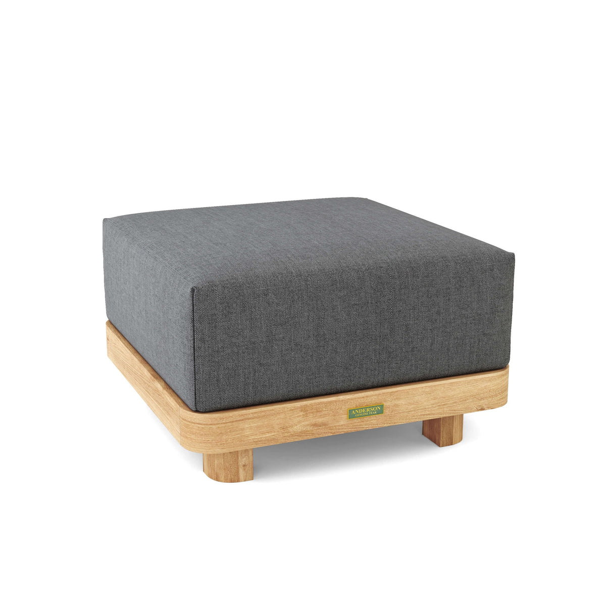 Gray cushioned ottoman with wooden base on a white background