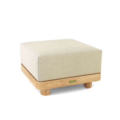 Square ottoman with beige cushion and wooden base on a white background