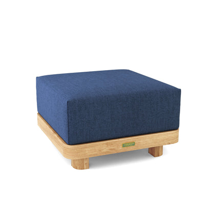 Blue ottoman with wooden base on a white background