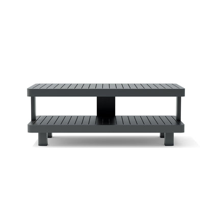 Black outdoor coffee table with two levels on a white background